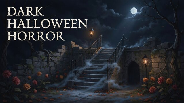 Dark halloween horror background with old stone stairs and glowing moon