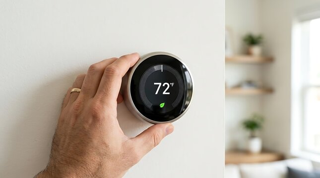 Hand adjusts smart thermostat displaying 72 degrees Fahrenheit on a modern wall in a home indicating comfort and energy saving.