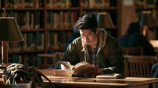 Young Man Reading Book At Quiet Library Table