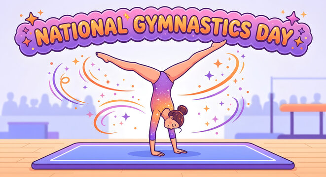 National Gymnastics Day vector banner featuring a female gymnast performing a handstand split on a blue mat with magic swirls, stars, and a purple cloud header