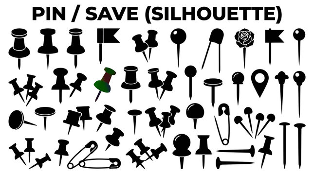 Collection of Black Push Pin and Thumbtack Silhouettes for Saving Posts on White Background