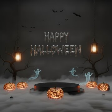 Happy halloween greeting card design with glowing orange pumpkins lanterns and spooky ghosts on dark background