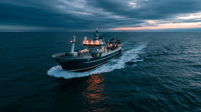 Commercial Workboat Cruising Across Open Ocean At Dusk