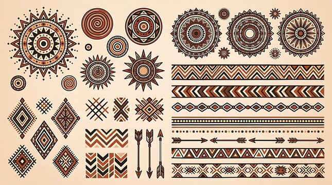 Collection of tribal ethnic patterns and ornaments in earth tones with geometric shapes and sun symbols for cultural design elements.