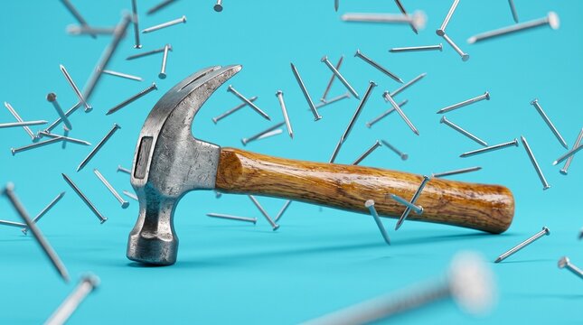 Claw hammer with floating nails on teal background.