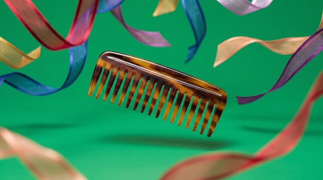 Tortoise shell hair comb floating with colorful ribbons on green background.