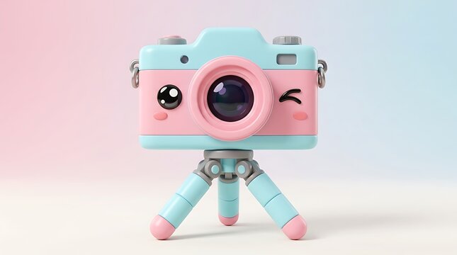 Cute cartoon camera with pink and blue colors sits on a small tripod, perfect for photography and children's design.