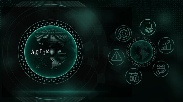 Futuristic action plan interface with global icons and symbols