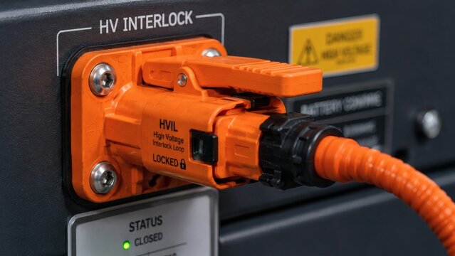 85mm Telephoto Shot of Orange High-Voltage Interlock Connector with Locking Lever