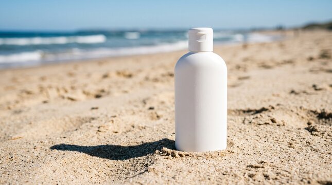Blank white sunscreen bottle on sandy beach