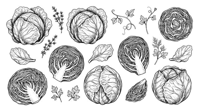 Hand drawn set of fresh cabbage heads and leaves in vintage sketch style