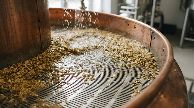 Grain filtration in copper tun isolated on clean surface for modern