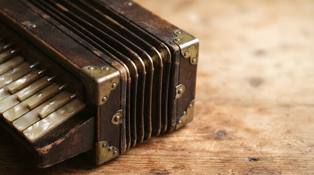 Harmonika bellows on pine table isolated clean surface for modern view