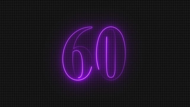 Glowing neon number sixty nine on dark grid background