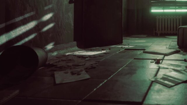 The scene shows a floor with scattered papers and debris in a room. An open door lets in light. The walls are bare, creating a stark atmosphere.
