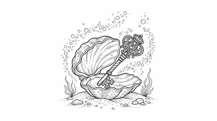 Naklejka premium Seashell containing an ornate antique skeleton key rests on the ocean floor surrounded by aquatic bubbles and seaweed in a detailed black and white line art illustration.