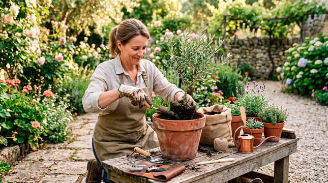 Female gardener transplanting olive tree in garden during daytime