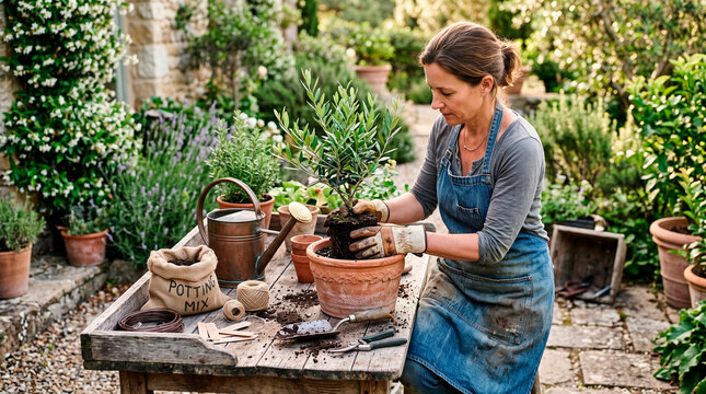 Female gardener transplanting young olive tree in garden