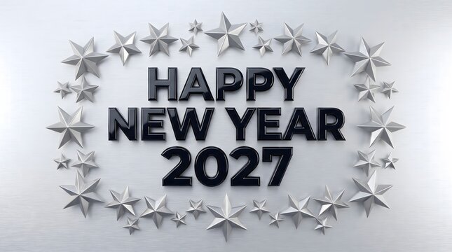 Happy new year 2027 greeting with black 3d text framed by metallic silver stars on a brushed silver background