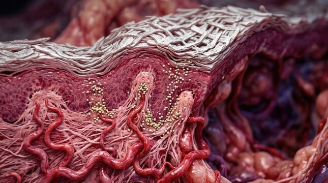 Dermal disease anatomy: psoriasis plaque, epidermal hyperplasia, chronic inflammation, blood vessel, cellular layer, keratinocyte proliferation, immune response, skin pathology.
