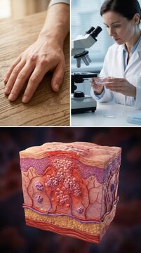 Chronic skin disorder: diagnose psoriasis, research cell, examine tissue, show inflammation, observe plaque, microscope test, dermis layer, laboratory investigation, dermatology patient.