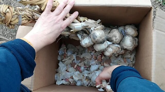 Braided garlic being taken out of a cardboard box 