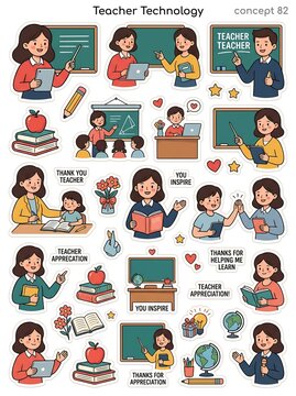 Teacher Appreciation Sticker Set with Classroom Scenes and School Supplies Illustrations