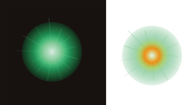 Abstract glowing green and orange light effect with rays and soft radial gradient circles for digital design projects and creative background elements