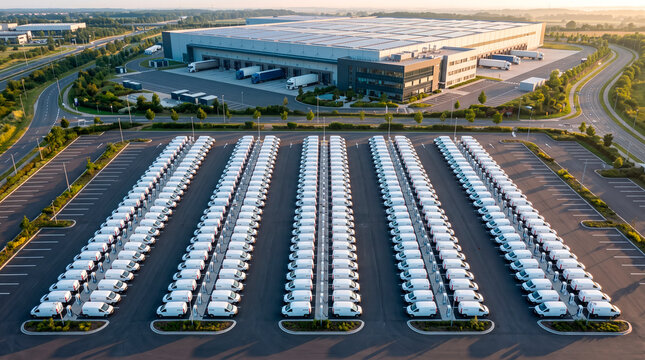 Electric delivery vans parked in a large commercial lot for eco-friendly logistics