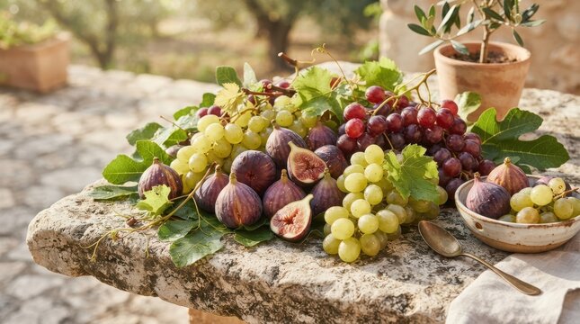 Fresh figs and green and purple grapes on a rustic stone table in a sunny outdoor garden setting with natural light