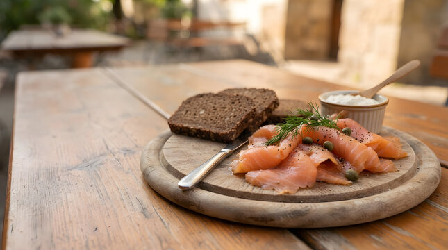 Smoked salmon and bread board isolated on clean surface for modern