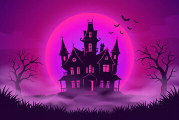 Fototapeta premium Halloween Spooky Haunted House Vector Silhouette against Giant Glowing Purple Moon and Flying Bats Illustration