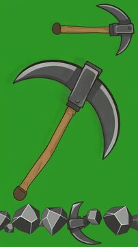 Mining pickaxe and ore objects moving across a green background with cinematic motion
