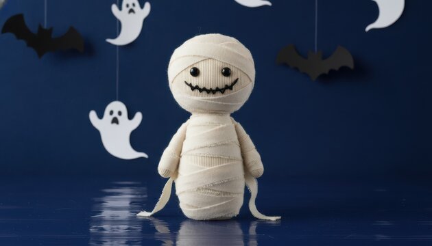 Cute handmade mummy doll with spooky ghosts and bats decorations on a dark blue background for halloween party