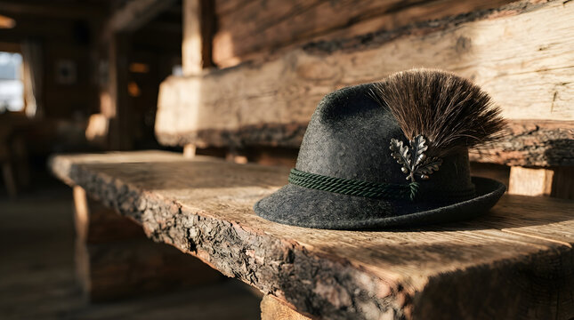 Trachten hat on wooden bench isolated clean surface for modern asset