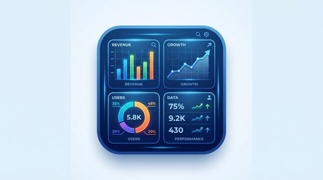 Modern blue business dashboard interface with bar charts, growth line graphs, and colorful donut analytics charts for financial data visualization and digital performance tracking on a clean