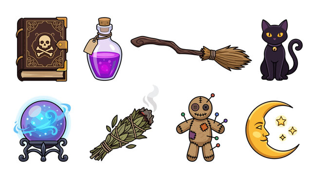 Magic and witchcraft vector icon set featuring spell book magic potion bottle broomstick black cat crystal ball sage smudge stick voodoo doll and crescent moon isolated on white background