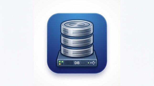 Icon of a llic database server stack with storage disks displayed on a sleek blue app style button against a clean white background, representative of cloud computing, technology and data storage