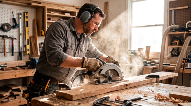 Carpenter Using Circular Saw for Woodworking Projects