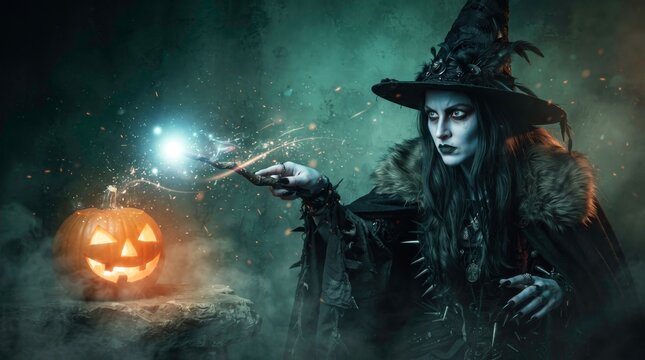 Mystical Halloween Witch and Jack-o'-lantern: A hauntingly beautiful witch with a pointed hat and flowing cloak conjures magic with her wand, illuminating a carved jack-o'-lantern in a misty.