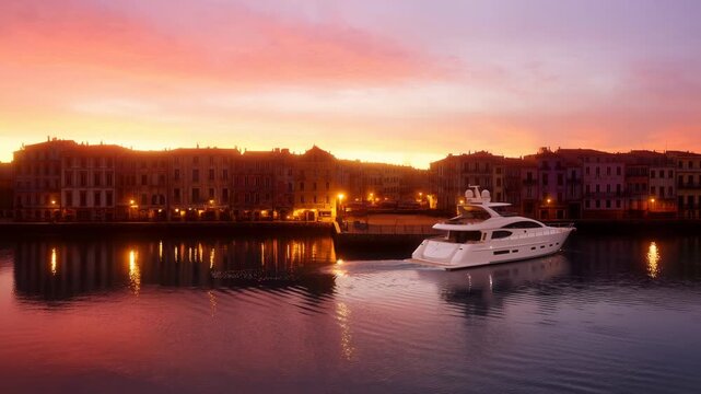 White yacht moves across calm river water at sunset near waterfront buildings with warm reflections, showing smooth forward motion, elegant vessel shape, and peaceful evening cityscape composition