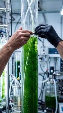 Green algae bioreactor in laboratory, scientist hands working with microalgae culture, sustainable biofuel research and biotechnology development