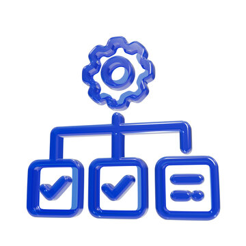 Blue glass workflow or process with gear and checkmarks, illustrating organization on black isolated on a transparent background
