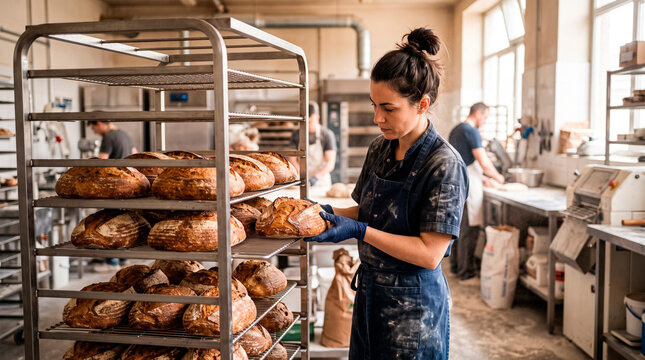 Bakery worker inspecting freshly baked bread in bakery shop