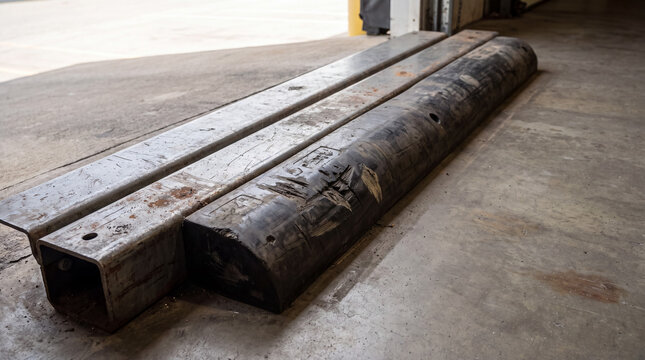 Dock bumper, metal beams, and industrial floor showing wear and tear, indicating a busy shipping and receiving environment