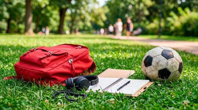 Backpack and soccer ball on grassy field for outdoor sports and travel