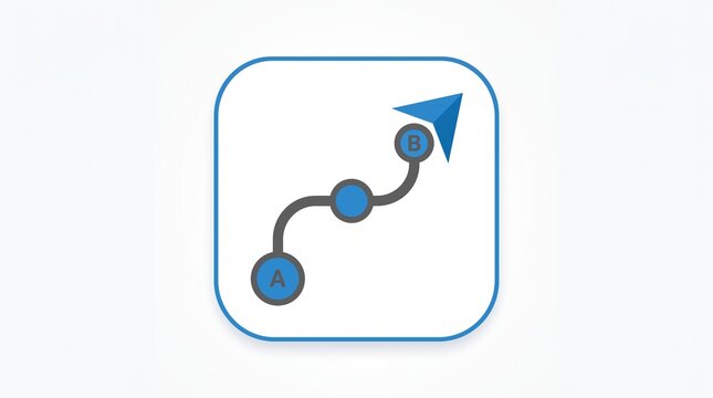 Minimalist digital icon featuring a connected path from point A to B with a blue navigational arrow symbol on a light background, representing progress, strategy, planning and growth concepts