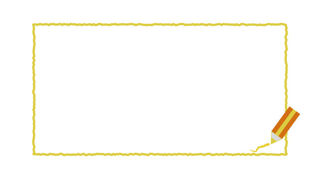 A hand drawn rectangular border outlined in wobbly yellow crayon strokes on a clean white background. In the bottom right corner, a yellow pencil is caught mid stroke, drawing the final squiggly line