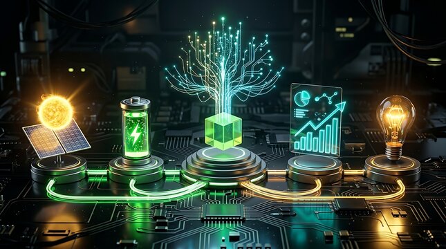 Conceptual visualization of sustainable energy flow and data analytics powered by AI and solar energy represented by light bulb circuit.