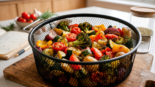 Fresh roasted vegetable medley in a black colander for healthy cooking